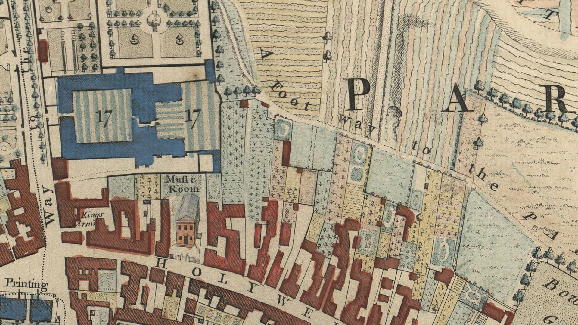 A 1750s map of Oxford covering the area around Holywell Street and University Parks.