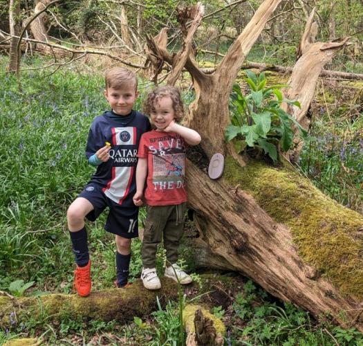 Children enjoying nature whilst on the easter trail, standing next to a fallen, moss covered tree