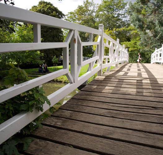 A wooden bridge in a leafy garden with white rails.