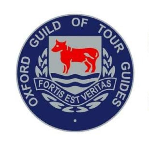 A blue circle with a grey crest displaying a red ox over water. The inscription reads Oxford Guild of Tour Guides