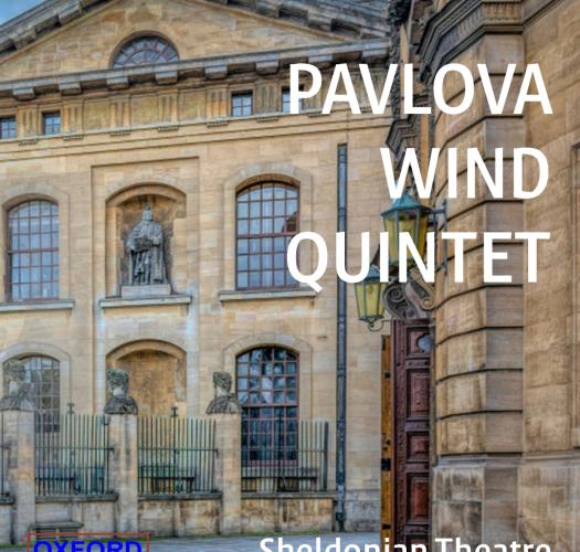 A poster for a concert by Pavlova Wind Quintet with an image of a stone theatre building and the title Light Music for an Autumn Afternoon.