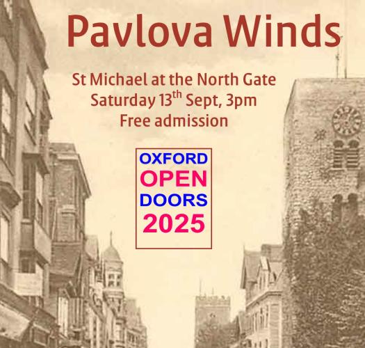 A poster for a concert by Pavlova Wind Quintet with sepia image of a street with a stone tower and shop buildings of different heights.