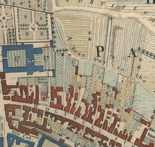 A 1750s map of Oxford covering the area around Holywell Street and University Parks.