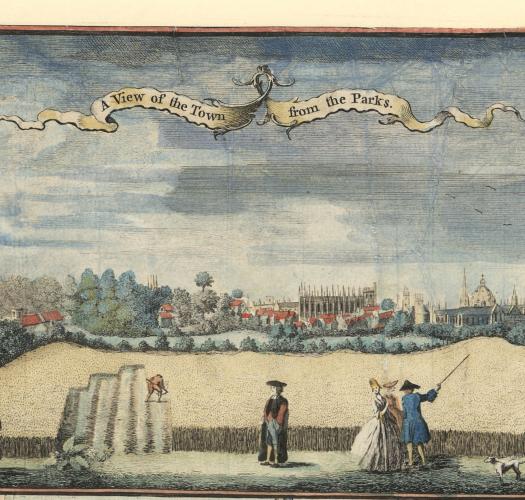 A coloured print of figures walking along a path by a park with Oxford in the background.