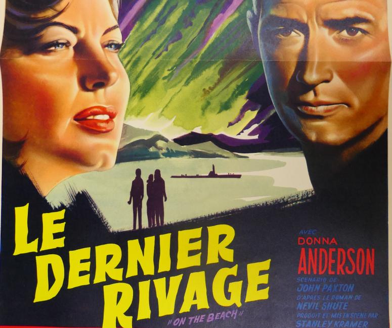 A 1940s film poster showing a man and a woman with the title Le Dernier Rivage, starring Gregory Peck, Ava Gardner, Fred Astaire and Anthony Perkins.