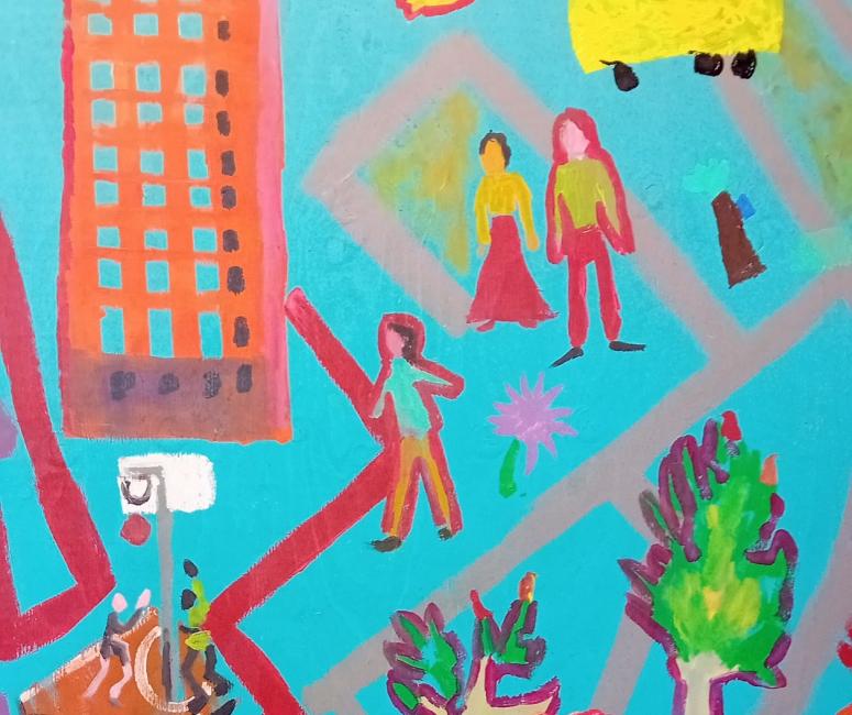A colourful painted map of a neighbourhood with buildings, streets, plants and people.