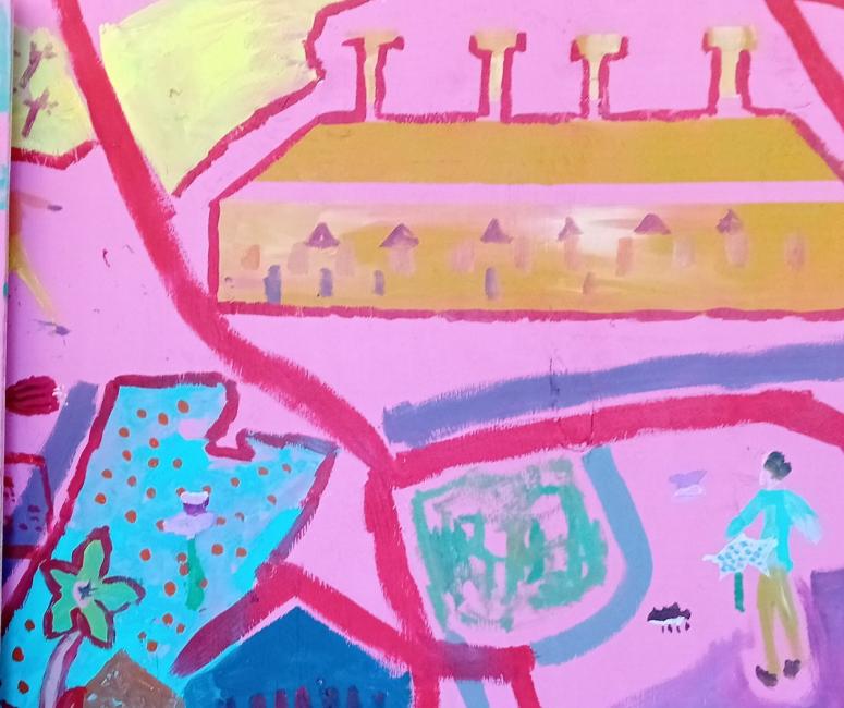 A colourful painted map of a neighbourhood with buildings, streets, plants and people.
