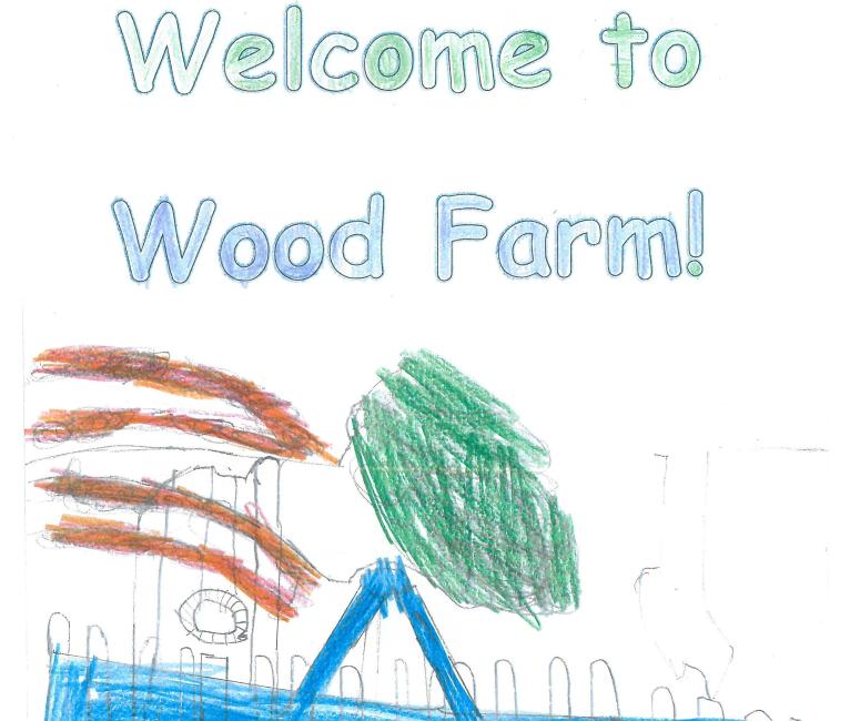 A drawing of a playground including a swing set and a metal fence with the caption Welcome to Wood Farm.