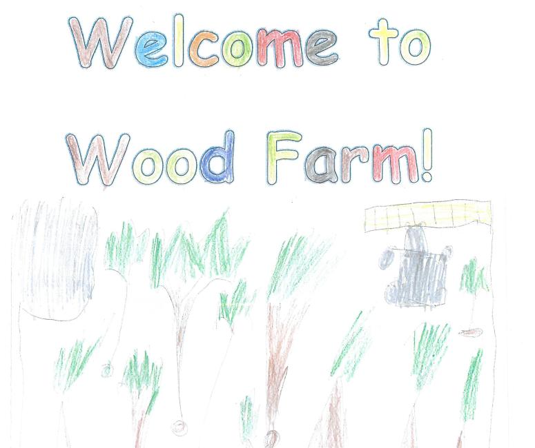 A drawing of a woodland full of trees with the caption Welcome to Wood Farm.
