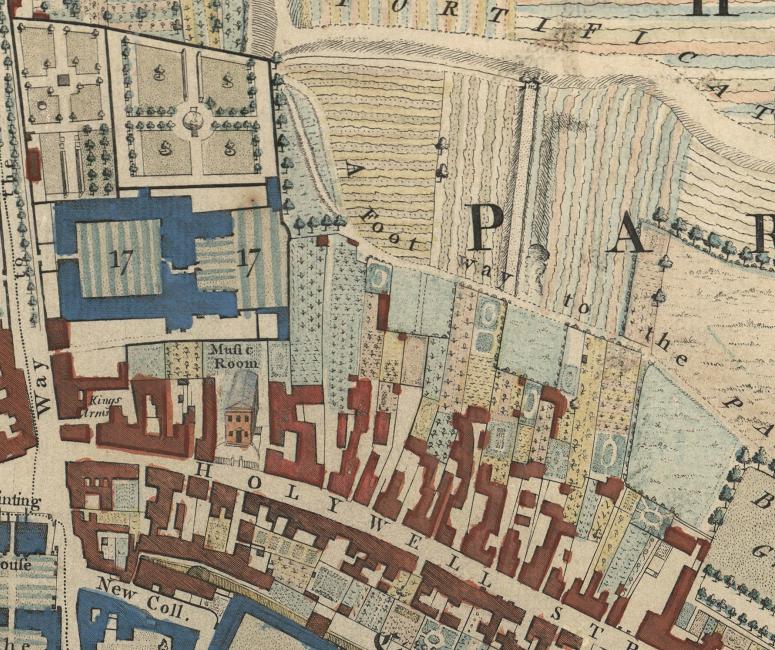 A 1750s map of Oxford covering the area around Holywell Street and University Parks.