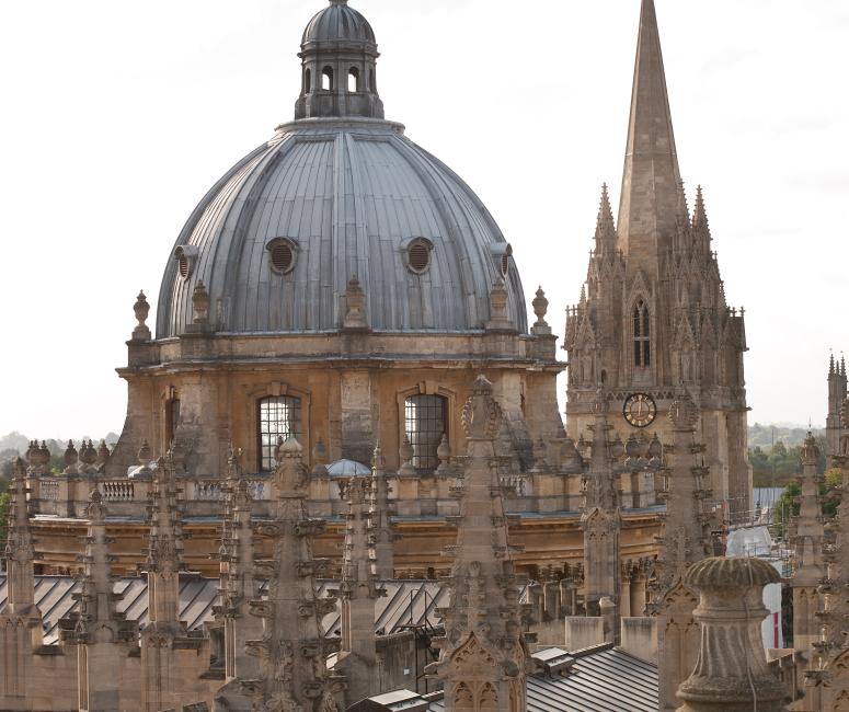 A view across the rooves of several buildings with pinnacles, a dome and the spire of a church.