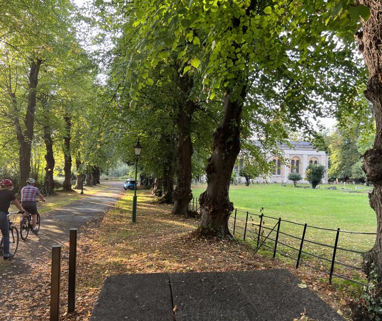 Cyclists on a tree-lined path leading to a church.