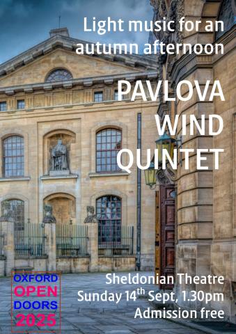 A poster for a concert by Pavlova Wind Quintet with an image of a stone theatre building and the title Light Music for an Autumn Afternoon.