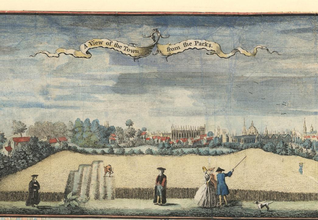 A coloured print of figures walking along a path by a park with Oxford in the background.